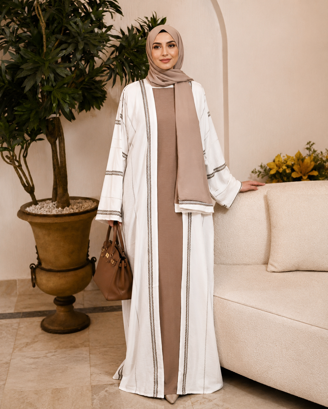 White & Mocha Premium Emirati Abaya